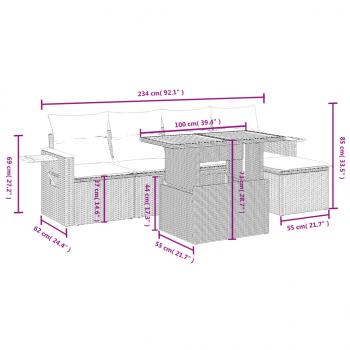 6-tlg. Garten-Sofagarnitur mit Kissen Schwarz Poly Rattan