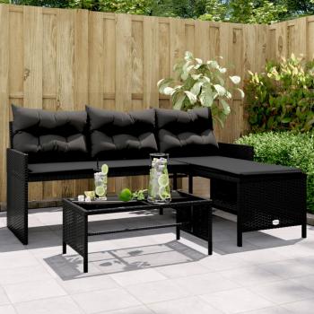 ARDEBO.de - Gartensofa in L-Form mit Tisch und Kissen Schwarz Poly Rattan