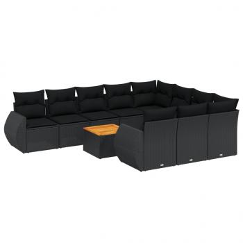 11-tlg. Garten-Sofagarnitur mit Kissen Schwarz Poly Rattan