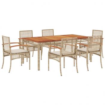 7-tlg. Garten-Essgruppe mit Kissen Beige Poly Rattan