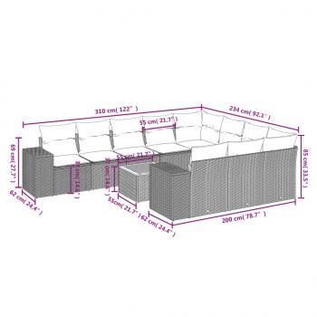 11-tlg. Garten-Sofagarnitur mit Kissen Schwarz Poly Rattan