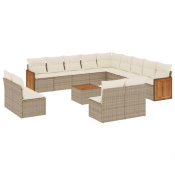 14-tlg. Garten-Sofagarnitur mit Kissen Beige Poly Rattan