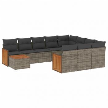 11-tlg. Garten-Sofagarnitur mit Kissen Grau Poly Rattan