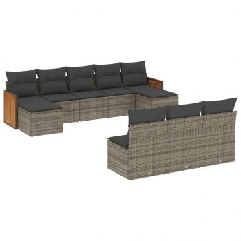 10-tlg. Garten-Sofagarnitur mit Kissen Grau Poly Rattan