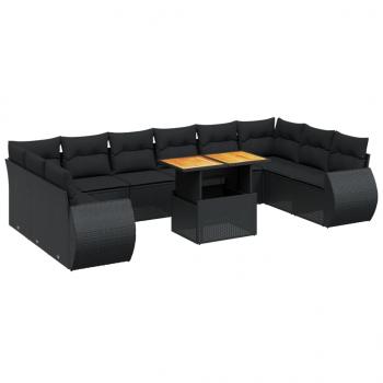 11-tlg. Garten-Sofagarnitur mit Kissen Schwarz Poly Rattan