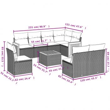 9-tlg. Garten-Sofagarnitur mit Kissen Grau Poly Rattan