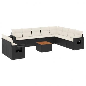 11-tlg. Garten-Sofagarnitur mit Kissen Schwarz Poly Rattan