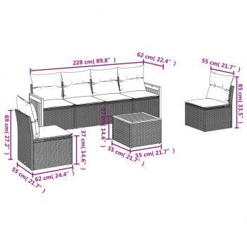 7-tlg. Garten-Sofagarnitur mit Kissen Grau Poly Rattan