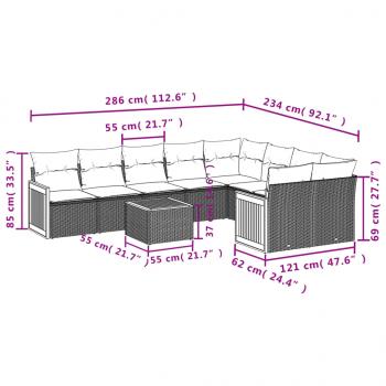 10-tlg. Garten-Sofagarnitur mit Kissen Schwarz Poly Rattan