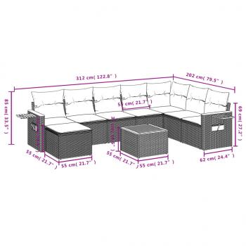 9-tlg. Garten-Sofagarnitur mit Kissen Schwarz Poly Rattan