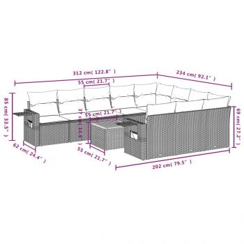 11-tlg. Garten-Sofagarnitur mit Kissen Schwarz Poly Rattan