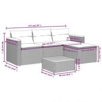 5tlg. Garten-Sofagarnitur mit Kissen Schwarz Poly Rattan Akazie