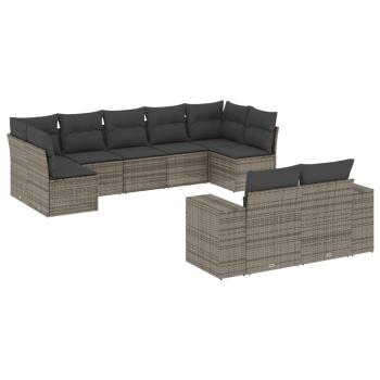 9-tlg. Garten-Sofagarnitur mit Kissen Grau Poly Rattan