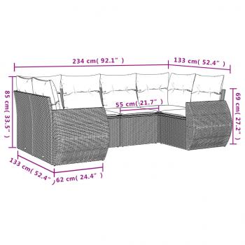 7-tlg. Garten-Sofagarnitur mit Kissen Grau Poly Rattan