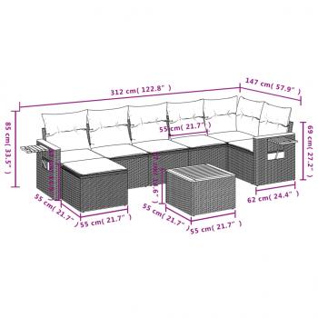 8-tlg. Garten-Sofagarnitur mit Kissen Grau Poly Rattan