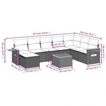 9-tlg. Garten-Sofagarnitur mit Kissen Grau Poly Rattan