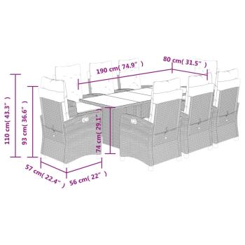 9-tlg. Garten-Essgruppe mit Kissen Braun Poly Rattan