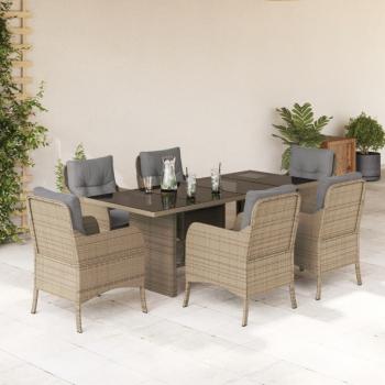 ARDEBO.de - 7-tlg. Garten-Essgruppe mit Kissen Beige Poly Rattan