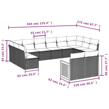 12-tlg. Garten-Sofagarnitur mit Kissen Schwarz Poly Rattan