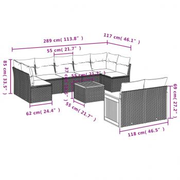 10-tlg. Garten-Sofagarnitur mit Kissen Schwarz Poly Rattan