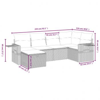 6-tlg. Garten-Sofagarnitur mit Kissen Grau Poly Rattan