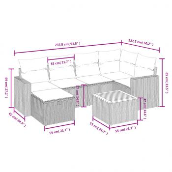 7-tlg. Garten-Sofagarnitur mit Kissen Grau Poly Rattan