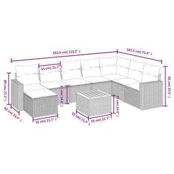 9-tlg. Garten-Sofagarnitur mit Kissen Grau Poly Rattan