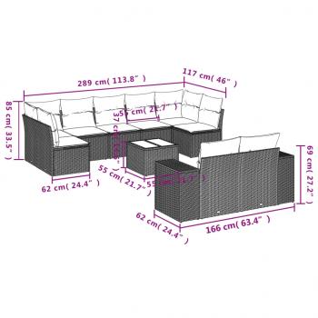 10-tlg. Garten-Sofagarnitur mit Kissen Schwarz Poly Rattan