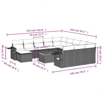 12-tlg. Garten-Sofagarnitur mit Kissen Grau Poly Rattan