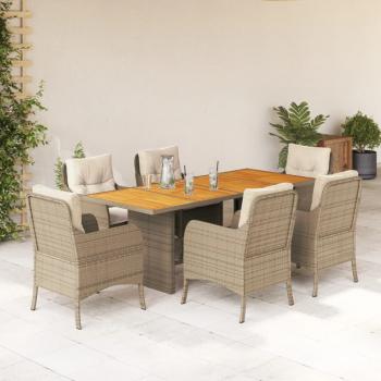 ARDEBO.de - 7-tlg. Garten-Essgruppe mit Kissen Beige Poly Rattan