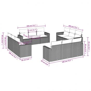 12-tlg. Garten-Sofagarnitur mit Kissen Braun Poly Rattan