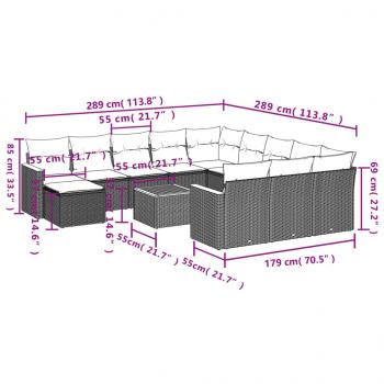 13-tlg. Garten-Sofagarnitur mit Kissen Grau Poly Rattan