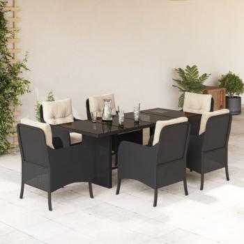 ARDEBO.de - 7-tlg. Garten-Essgruppe mit Kissen Schwarz Poly Rattan