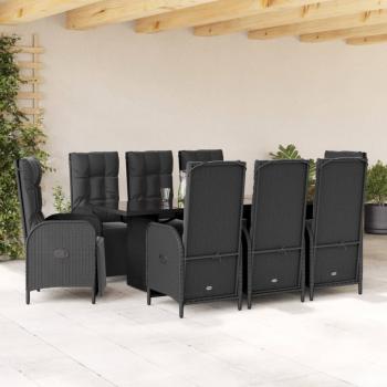 ARDEBO.de - 9-tlg. Garten-Essgruppe mit Kissen Schwarz Poly Rattan