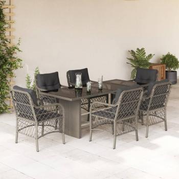 ARDEBO.de - 7-tlg. Garten-Essgruppe mit Kissen Hellgrau Poly Rattan