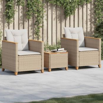 ARDEBO.de - 3-tlg. Bistro-Set mit Kissen Beige Poly Rattan Akazienholz