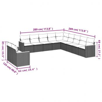 11-tlg. Garten-Sofagarnitur mit Kissen Schwarz Poly Rattan