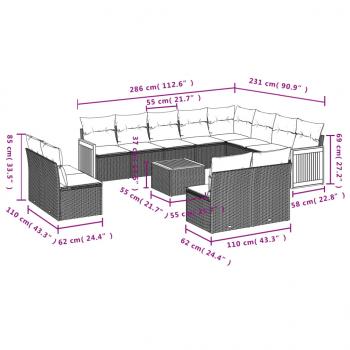 13-tlg. Garten-Sofagarnitur mit Kissen Schwarz Poly Rattan