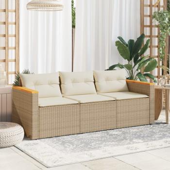 Gartensofa mit Kissen 3-Sitzer Beige Poly Rattan