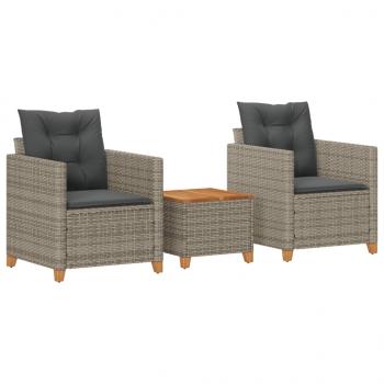 3-tlg. Bistro-Set mit Kissen Grau Poly Rattan Akazienholz