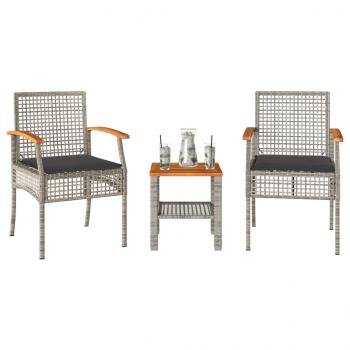 ARDEBO.de - 3-tlg. Bistro-Set mit Kissen Grau Poly Rattan Akazienholz