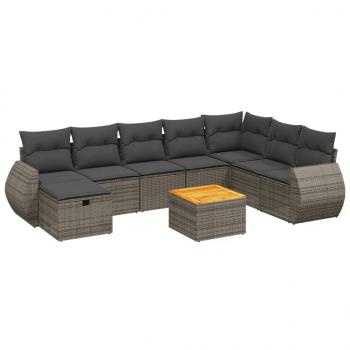 9-tlg. Garten-Sofagarnitur mit Kissen Grau Poly Rattan