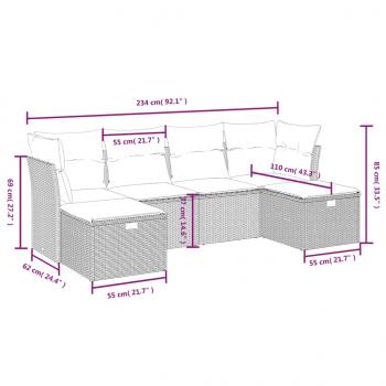 6-tlg. Garten-Sofagarnitur mit Kissen Schwarz Poly Rattan