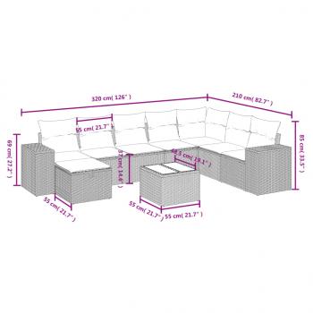 9-tlg. Garten-Sofagarnitur mit Kissen Grau Poly Rattan