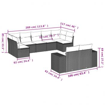 9-tlg. Garten-Sofagarnitur mit Kissen Grau Poly Rattan