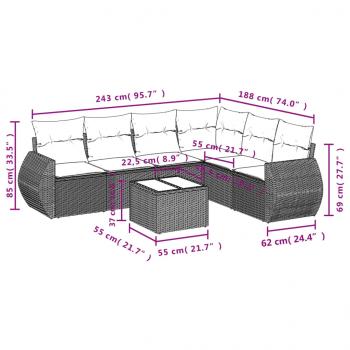 7-tlg. Garten-Sofagarnitur mit Kissen Schwarz Poly Rattan