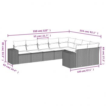 9-tlg. Garten-Sofagarnitur mit Kissen Schwarz Poly Rattan