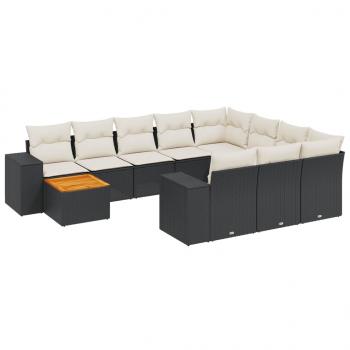 11-tlg. Garten-Sofagarnitur mit Kissen Schwarz Poly Rattan