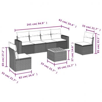 7-tlg. Garten-Sofagarnitur mit Kissen Grau Poly Rattan