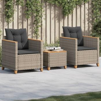 ARDEBO.de - 3-tlg. Bistro-Set mit Kissen Grau Poly Rattan Akazienholz